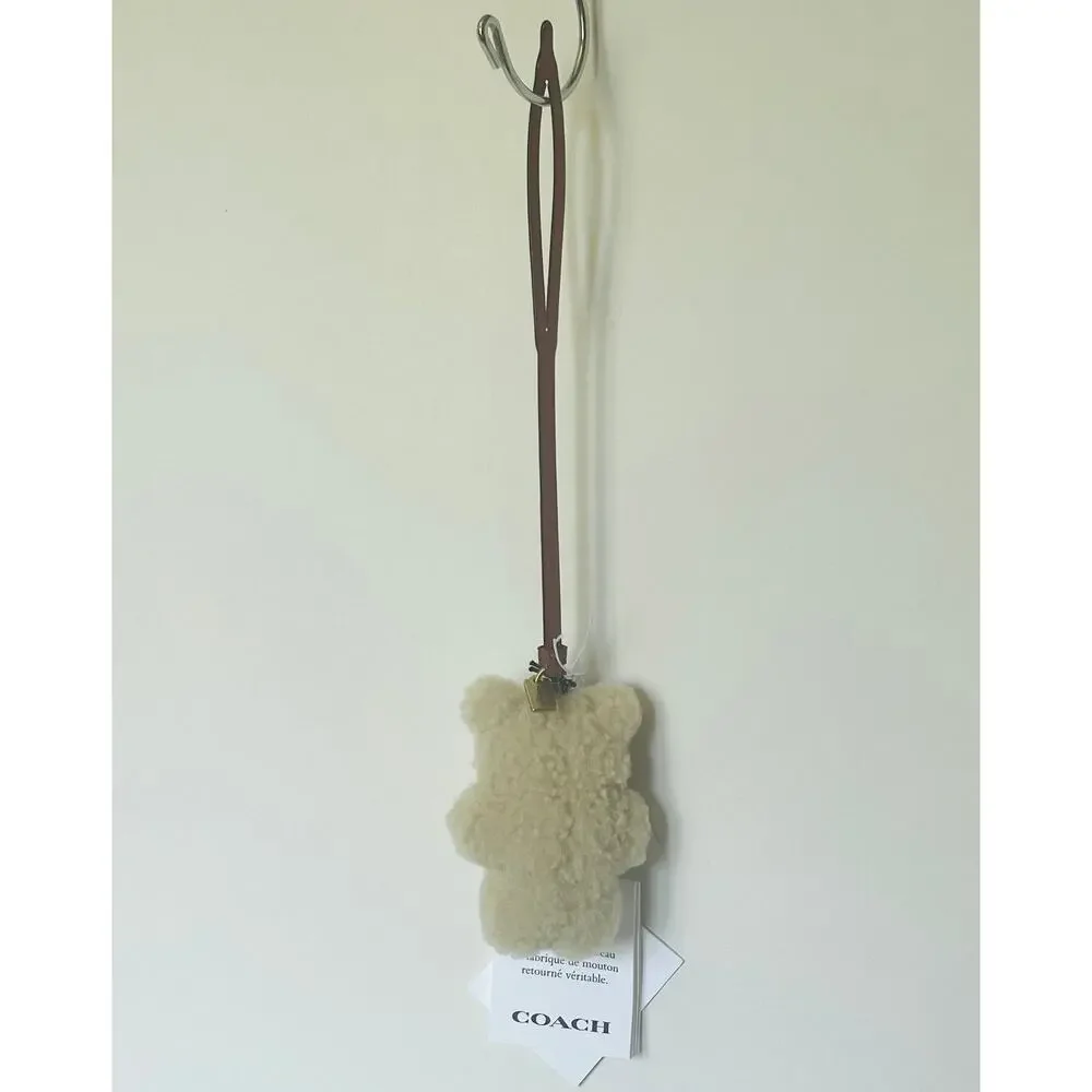Coach Bear Puffy Bag Charm Teddy Shearling Leather Beige CDD52